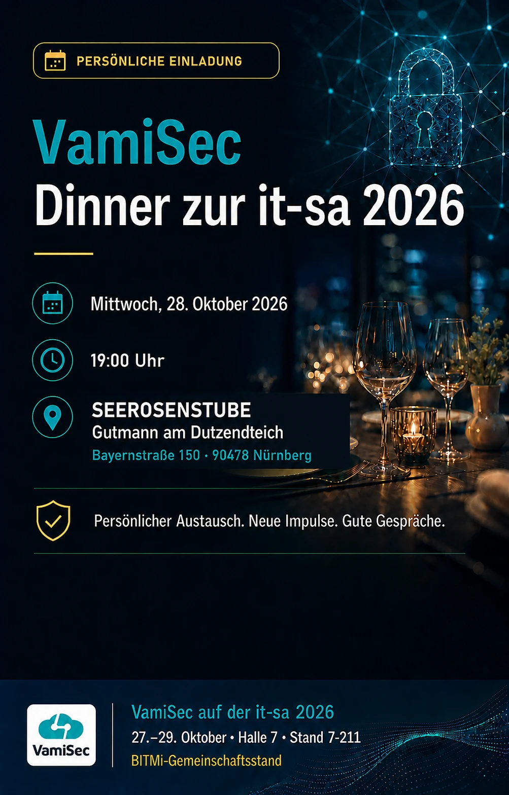 Persönliche Einladung zum VamiSec Dinner zur it-sa 2026 am Mittwoch, 28. Oktober 2026 um 19 Uhr in der Seerosenstube im Gutmann am Dutzendteich in Nürnberg